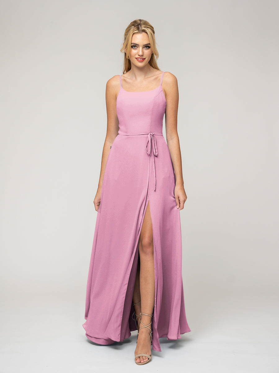 A Line Scoop Neckline Chiffon Slit Belt Bridesmaid Dresses