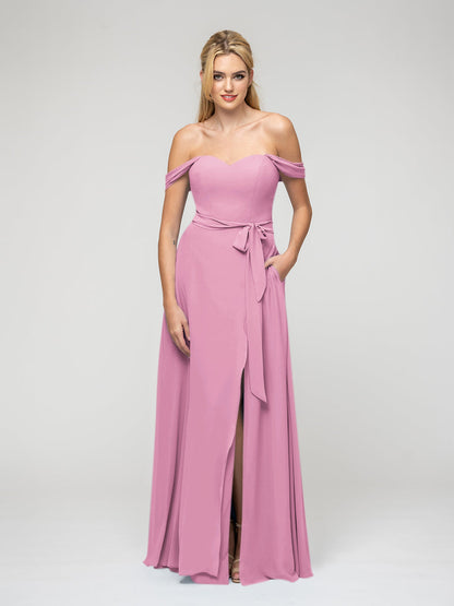 Slit A Line Chiffon Off The Shoulder Bridesmaid Dresses