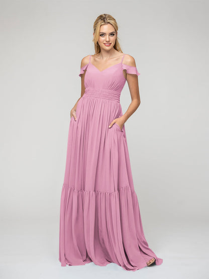 Pleats Bodice Chiffon Cold Shoulder Tie Back Bridesmaid Dresses