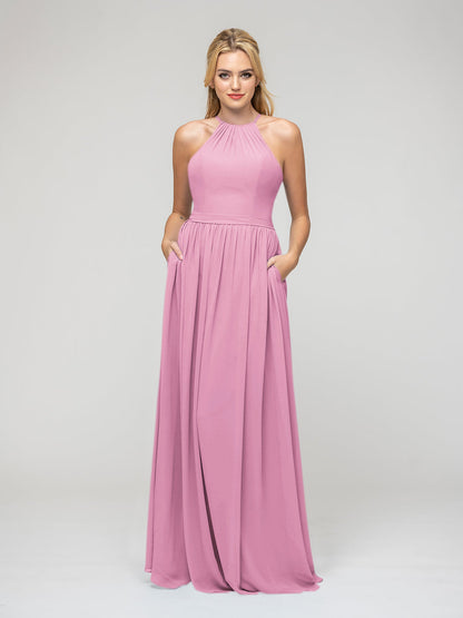 Pleats Bodice Chiffon Halter A Line Bridesmaid Dresses