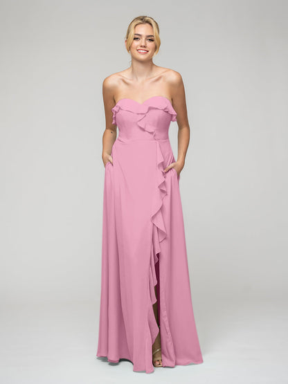 A Line Chiffon Strapless Bridesmaid Dresses With Ruffles