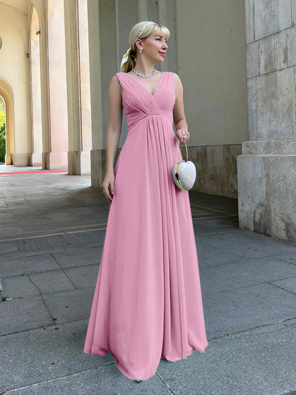 Straps Draped V-Neck Shirred Chiffon A Line Bridesmaid Dresses