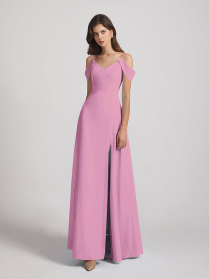 Chiffon Cold Shoulder V Neck Bridesmaid Dresses With Slit