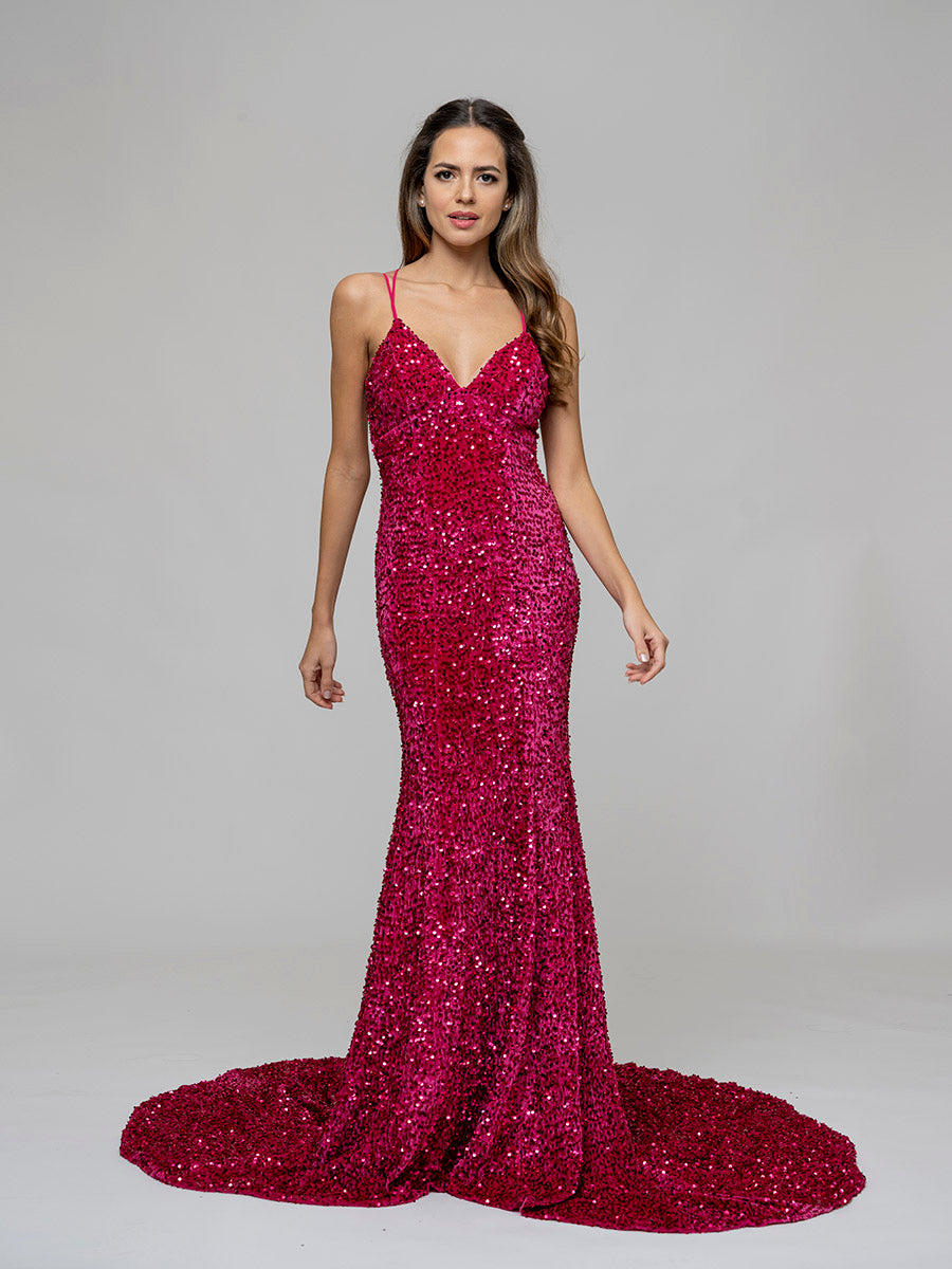 Long Sheath Sparkly Sequin Prom Dresses V neck Criss cross Back Court Train Yelure UK