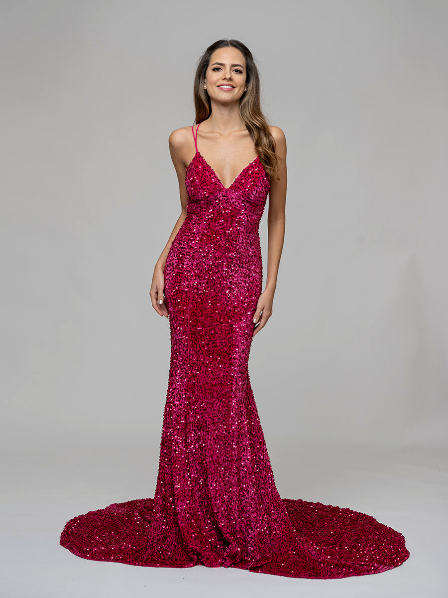 Criss Cross Back Fitted Sequin Party Prom Dresses