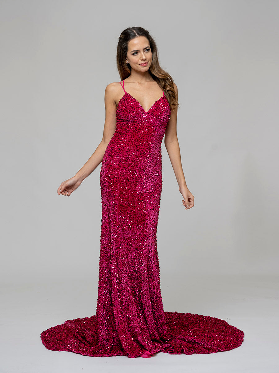 Long Sheath Sparkly Sequin Prom Dresses V neck Criss cross Back Court Train Yelure UK