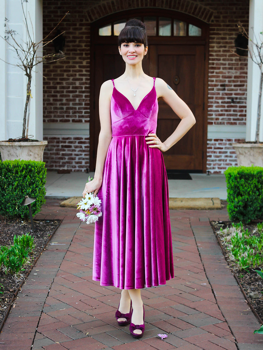 A Line Tea Length Velvet Bridesmaid Dresses Velvet Midi Dress Yelure UK