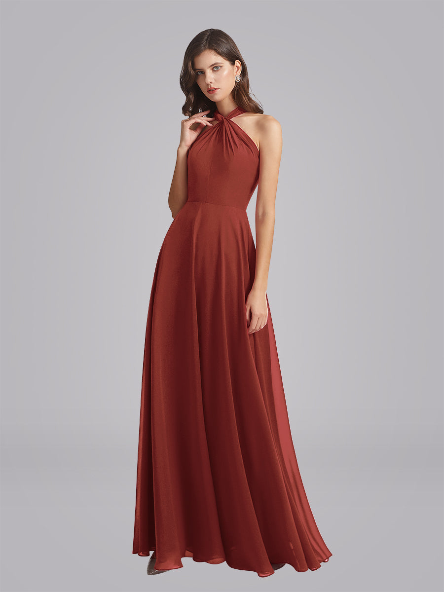 Halter Neckline Chiffon A Line Bridesmaid Dresses