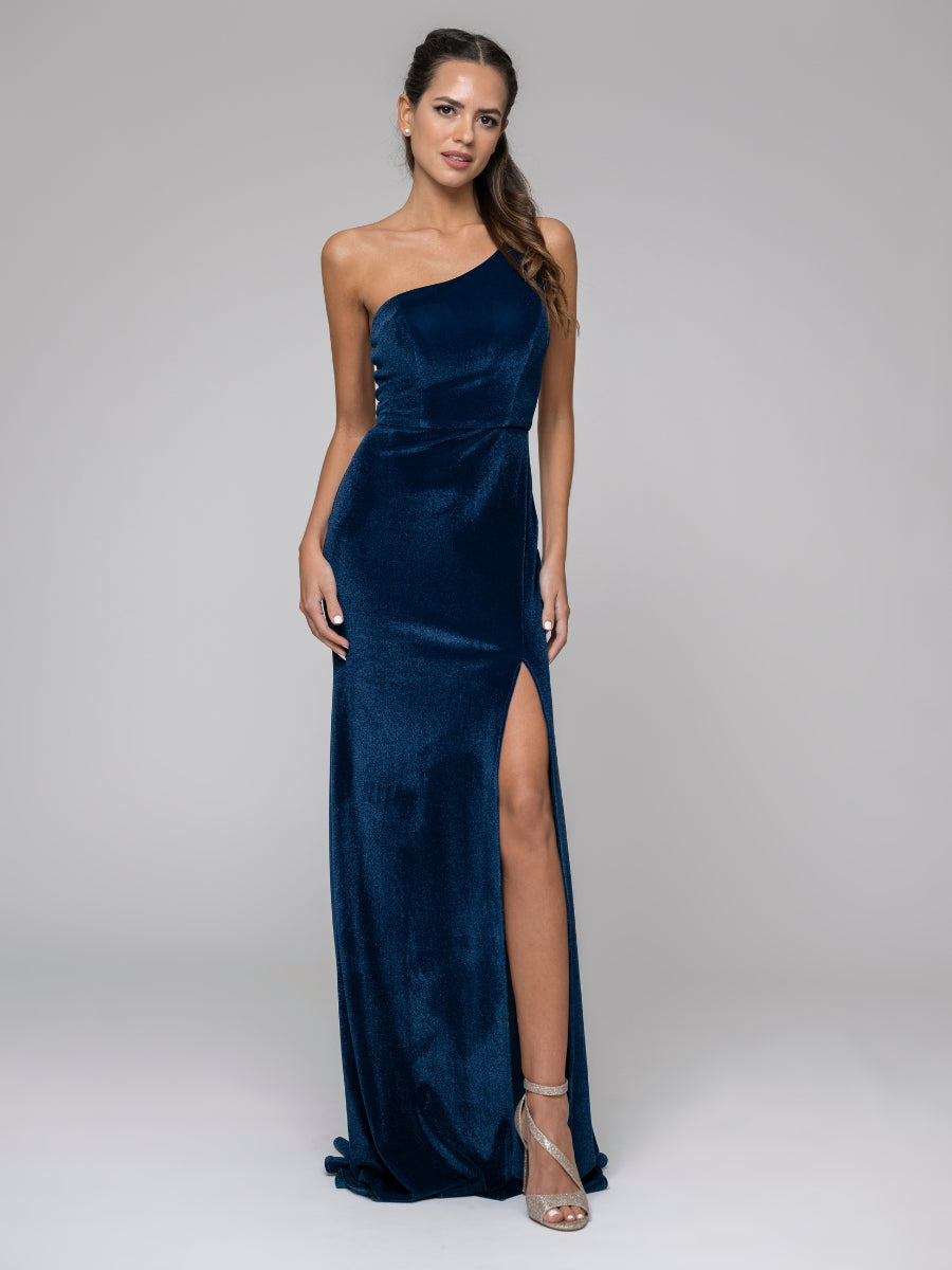 Blue velvet store one shoulder dress